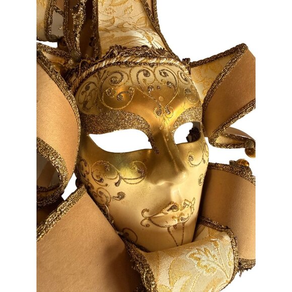 Handcrafted Venetian Jester Masquerade Mask With Gold Glitter Detailing & Ribbon - Picture 2 of 12